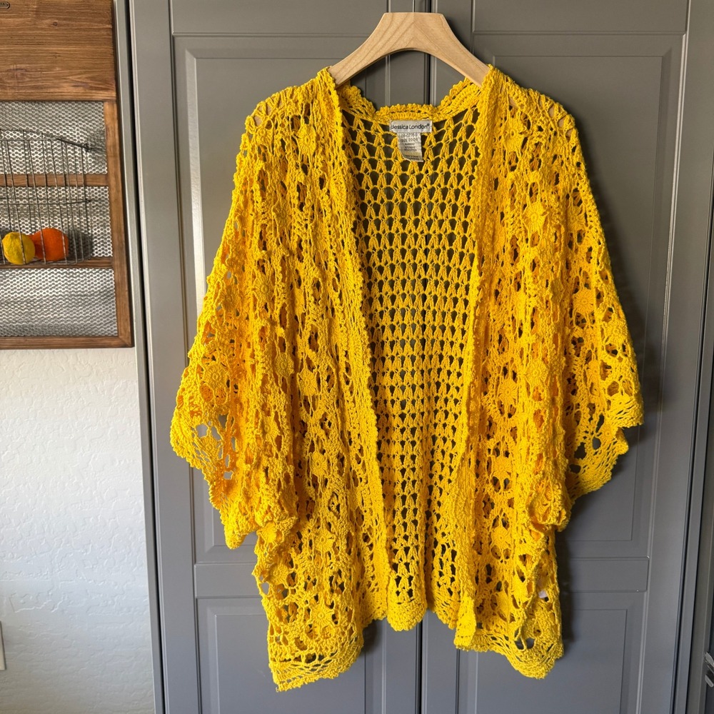 Jessica London Plus Open Front Kimono Crochet Cardigan Sweater, Yellow, 22/24‎